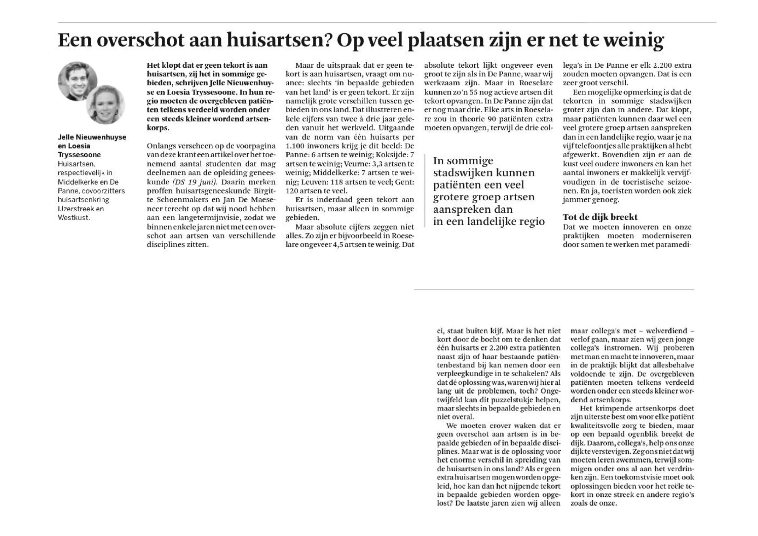 Artikel De Standaard -  - Opiniestuk De Standaard huisartsentekort